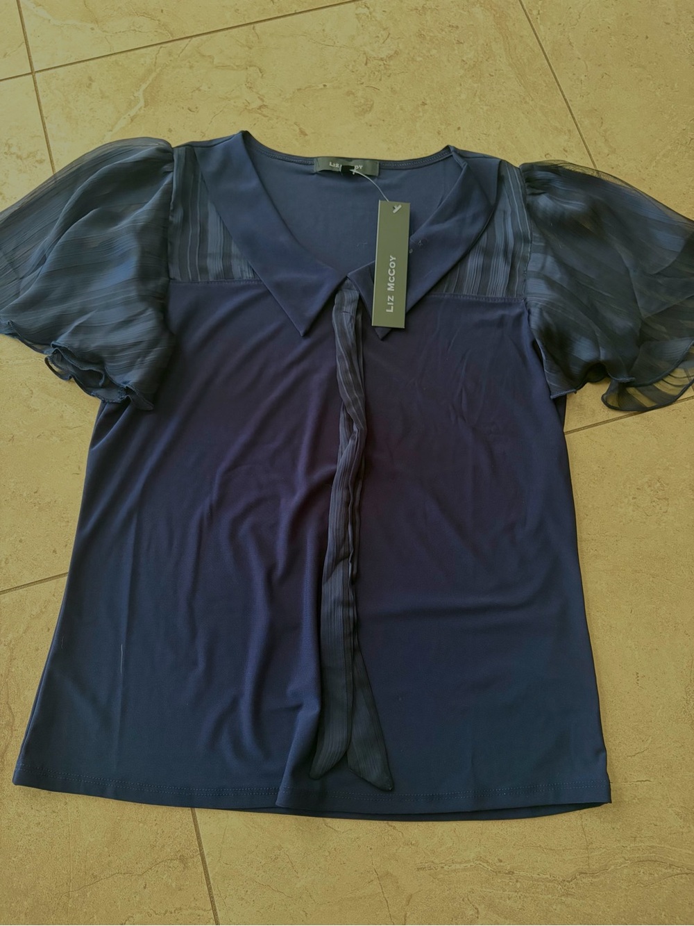 Liz McCoy Navy Short-Sleeve Chiffon-Sleeve Blouse